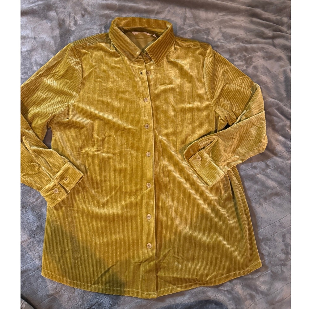 Soft Surroundings Gold Ribbed Velvet Shimmer Button Down Shirt Mustard L